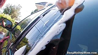 hot stepmom in bikini relaxes in the back seat