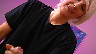 blonde roommate girl with short hair gives handjob in homemade setting