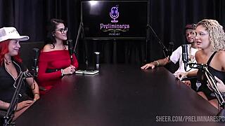 sexy blonde amy teases two men with her big tits and tight body in stockings