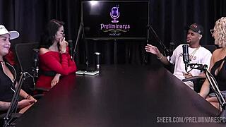 sexy blonde amy teases two men with her big tits and tight body in stockings