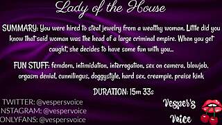 F4M AUDIO: DOMINANT FEMALE INTERROGATES THEN USES HANDCUFFED MAN FOR HER PLEASURE.