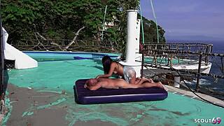 An old German tourist enjoys public anal sex with a curvy Latina MILF near the beach, going bareback.