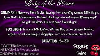 F4M AUDIO: DOMINANT FEMALE INTERROGATES THEN USES HANDCUFFED MAN FOR HER PLEASURE.