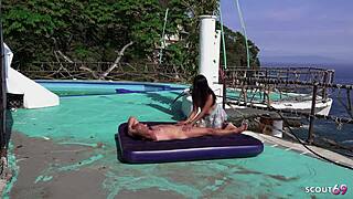 An old German tourist enjoys public anal sex with a curvy Latina MILF near the beach, going bareback.