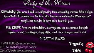 F4M AUDIO: DOMINANT FEMALE INTERROGATES THEN USES HANDCUFFED MAN FOR HER PLEASURE.
