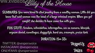 F4M AUDIO: DOMINANT FEMALE INTERROGATES THEN USES HANDCUFFED MAN FOR HER PLEASURE.