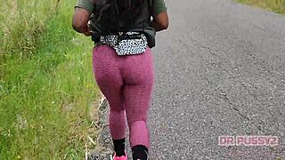 Ebony with big ass in leggings running alone in the forest, so sexy and tattooed 😏