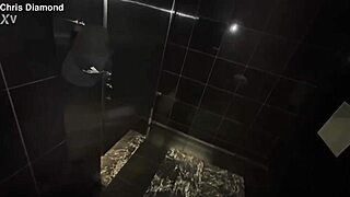 Horny brunette swallows big cock in hotel bathroom after licking.