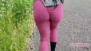 Ebony with big ass in leggings running alone in the forest, so sexy and tattooed 😏