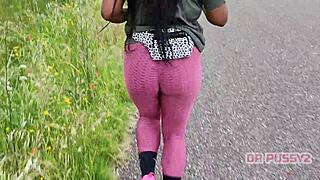 Ebony with big ass in leggings running alone in the forest, so sexy and tattooed 😏