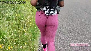 Ebony with big ass in leggings running alone in the forest, so sexy and tattooed 😏