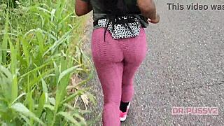 Ebony with big ass in leggings running alone in the forest, so sexy and tattooed 😏