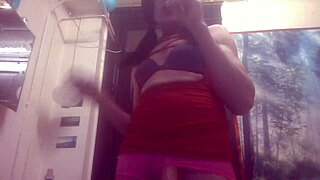 Skinny transsexual rides big black dildo to orgasm