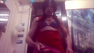 Skinny transsexual rides big black dildo to orgasm