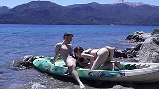 Horny teen couple screams during outdoor beach sex, getting caught with a huge cumshot.