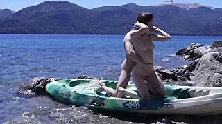 Horny teen couple screams during outdoor beach sex, getting caught with a huge cumshot.