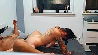 Angry girl rides man in amazon position briefly.