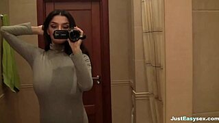 hey, busty babe fingers her bush in the bathroom