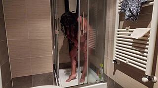 Big Breasted Milf Shaves Her Hairy Pussy in Shower