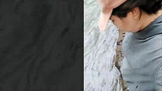 Young 18+ girl gives outdoor blowjob with swollen pussy