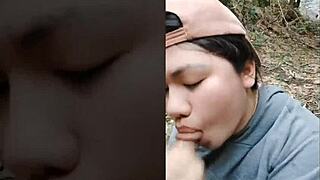 Young 18+ girl gives outdoor blowjob with swollen pussy