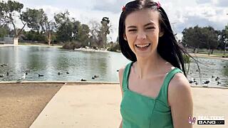 Skinny teen Bella Nova flaunts her tight pussy grip outdoors! 😜