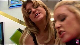 i, blonde slut with big tits, sticks big dildo in lesbian friend who orgasms.