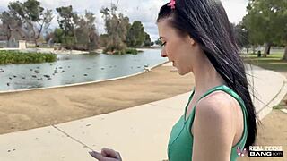 Skinny teen Bella Nova flaunts her tight pussy grip outdoors! 😜