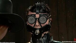 chained slut feels intense pain from buttplug during rough anal fucking