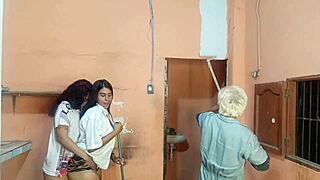 Juicy big pussy lesbian sex in front of painter with dripping orgasm