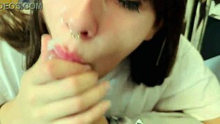 Oh wow, the best deepthroat ever continues with her eagerly eating cum!