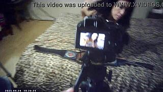 Behind the scenes, this sexy slim brunette babe sucks dick and gets fucked doggystyle for the first time