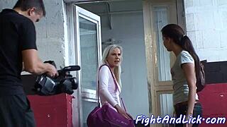 Muscular European lesbians engage in intense wrestling domination in the boxing ring