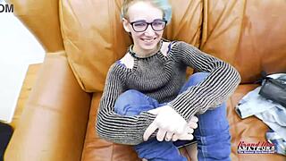 Skinny coed Raven fucks her shaved pussy and sucks cock