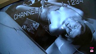 Blonde Nina Rae is using a sex toy while sucking a big dick from a glory hole.