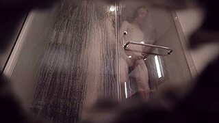 Amateur couple in the shower with skinny boyfriend blonde handjob husband friend horny wife