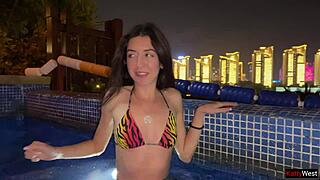 Pool girl brings stranger to orgasm in three minutes with blowjob in hotel room.
