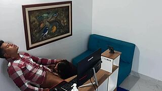 In the office, the horny secretary in costume begs her boss to fuck her wet pussy.