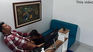 In the office, the horny secretary in costume begs her boss to fuck her wet pussy.