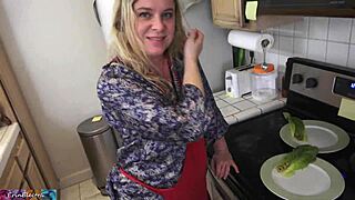 In the kitchen, she MILKS her STEPSON before his DATE, big nipples exposed.