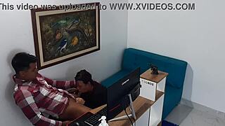 In the office, the horny secretary in costume begs her boss to fuck her wet pussy.