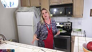 In the kitchen, she MILKS her STEPSON before his DATE, big nipples exposed.