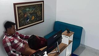 In the office, the horny secretary in costume begs her boss to fuck her wet pussy.