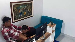 In the office, the horny secretary in costume begs her boss to fuck her wet pussy.