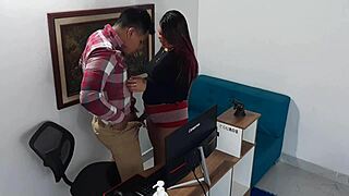 In the office, the horny secretary in costume begs her boss to fuck her wet pussy.