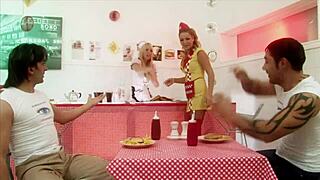 Milf Waitresses Diana Gold And Eva Mercedes Enjoy Big Cock Cumshot In Interracial Foursome.