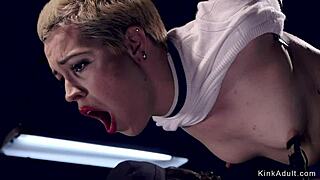 Blonde in doggy bondage gets caned hard!