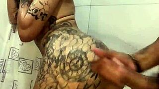 Hey, that bathroom quickie with the tattooed brunette and her big ass ended with cum all over her face!