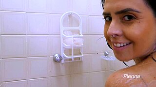 In the Shower Thinking of You with Latina Teen's Huge Nipples