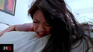 Beautiful brunette gets fucked doggystyle in the pool, then in bed with anal